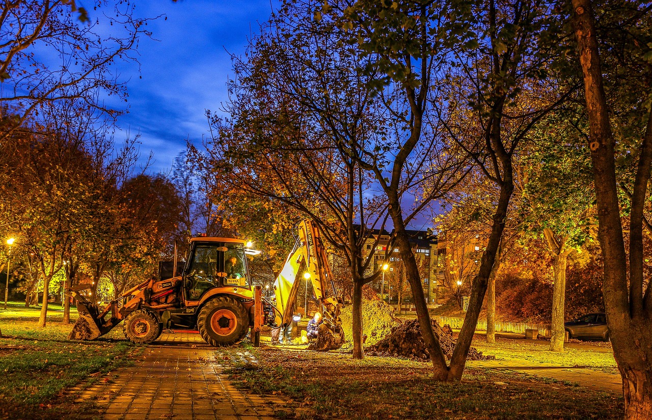 machine, working, repair, drill, construction, equipment, wheels, fixing, night photo