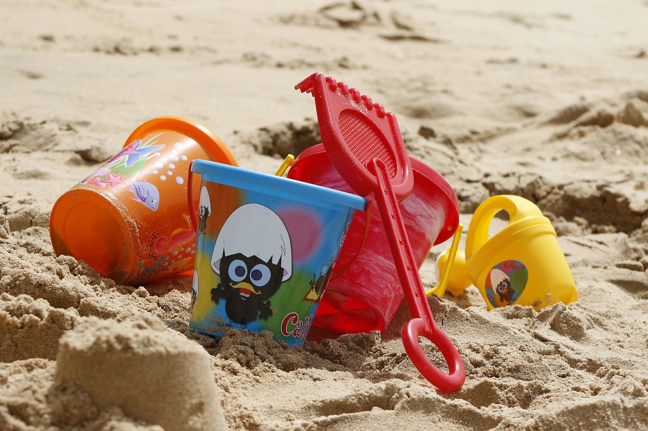 bucket, toys, sand, beach, vacation, holidays, plastic, play, nature, coast, seashore