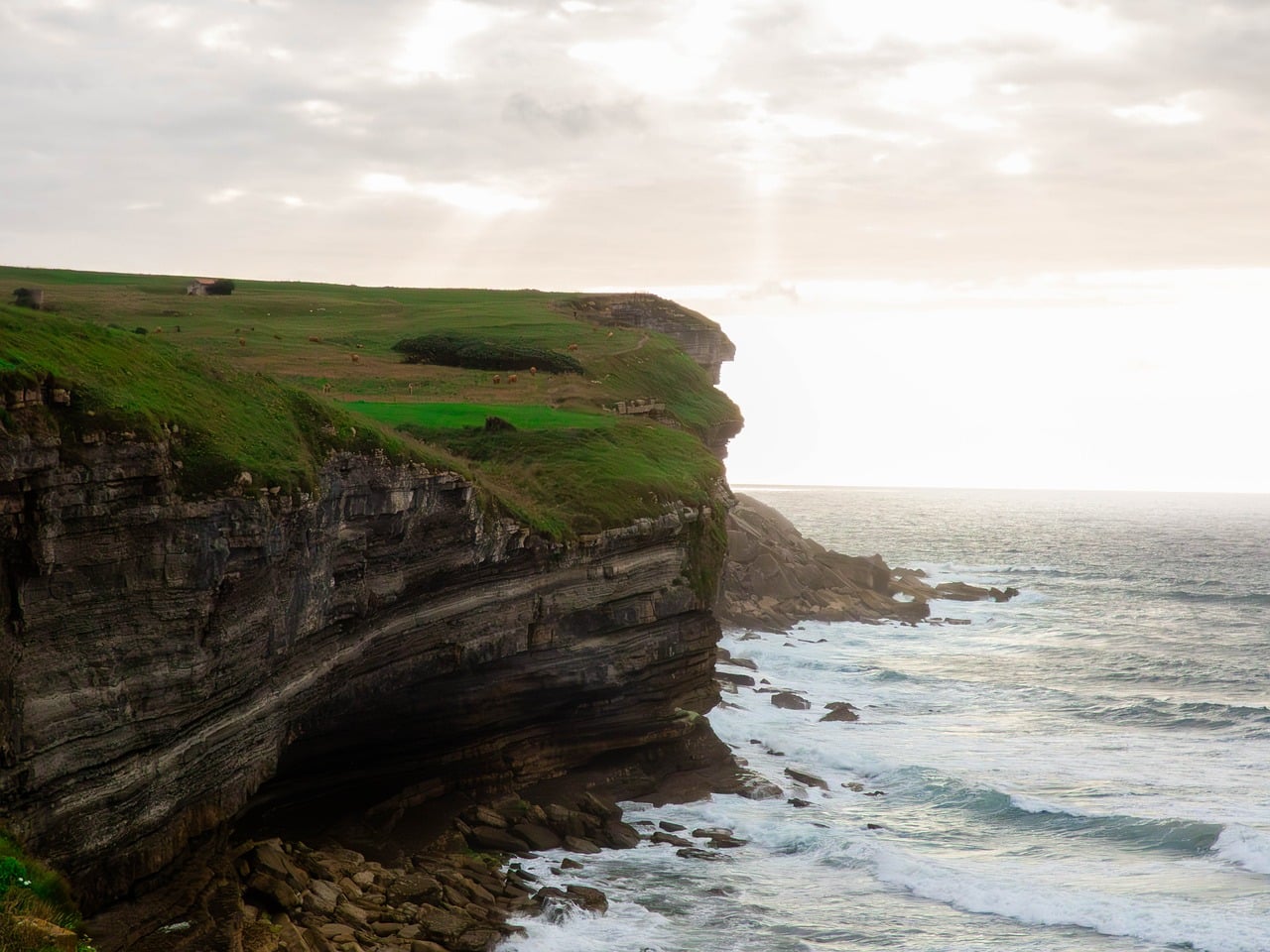 sea cliffs, ocean waves, coastal landscape, nature, green fields, cloudy sky, dramatic landscape, rocky coast, natural scenery, ocean waters, coastal drama, sunrise, natural beauty, natural landscape, cliffs and waves, coastal path, moody view, horizontal frame, moody atmosphere, natural retreat