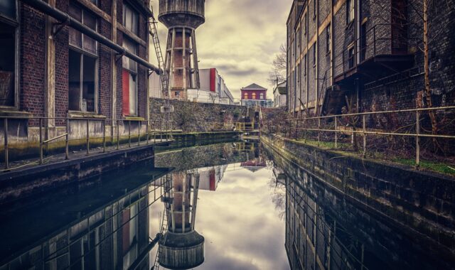 factory, old, reflection, water tower, pforphoto, past, industrial plant, factory building, ruin, abandoned, building, transience, dilapidated, lost places, abandoned places, factory, factory, factory, factory, factory, water tower, water tower, water tower, abandoned, lost places