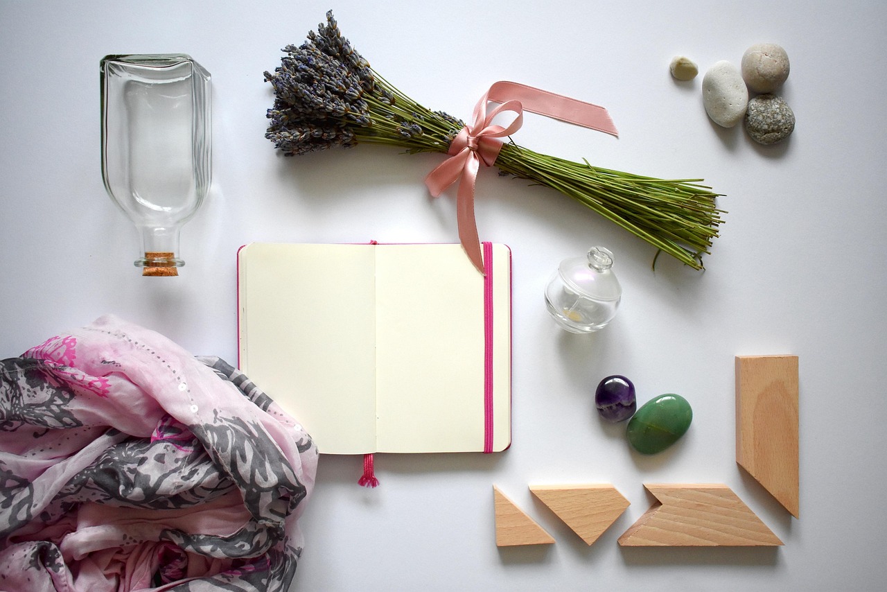 flat lay, summer, lavender, bow, pink bow, creative, desk, composition, design, nature, holiday, frame, layout, vintage, notebook, memories, decorative